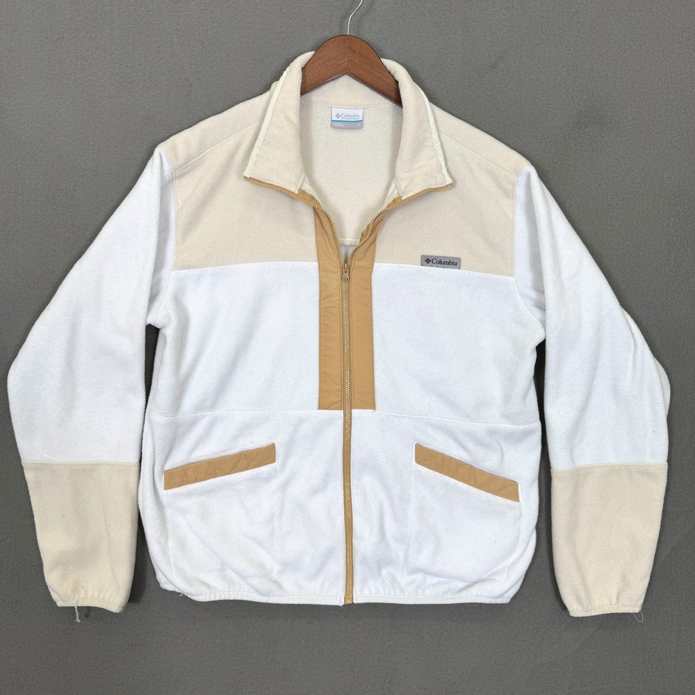 Columbia Fleece Jacket Women L White Tan Colorblock Full Zip Outdoor Hiking Top